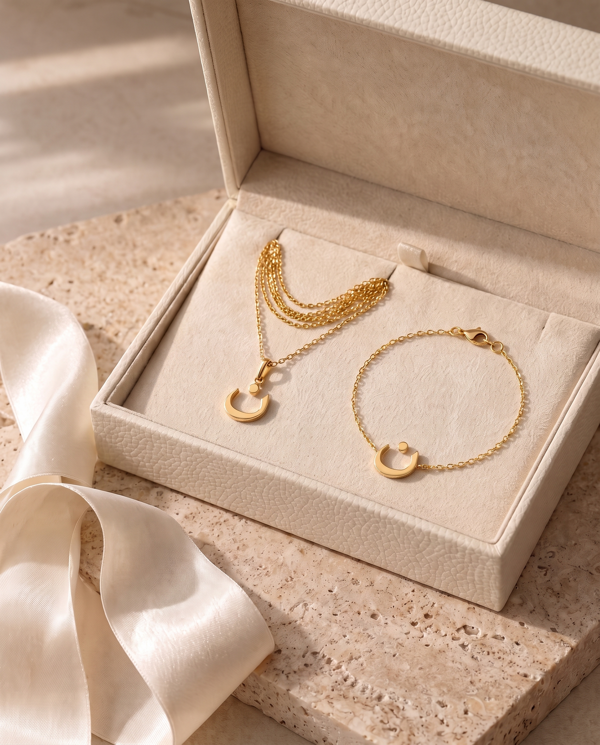 Coffret Lettre Arabe : collier et bracelet à la lettre ن dans leur écrin ivoire