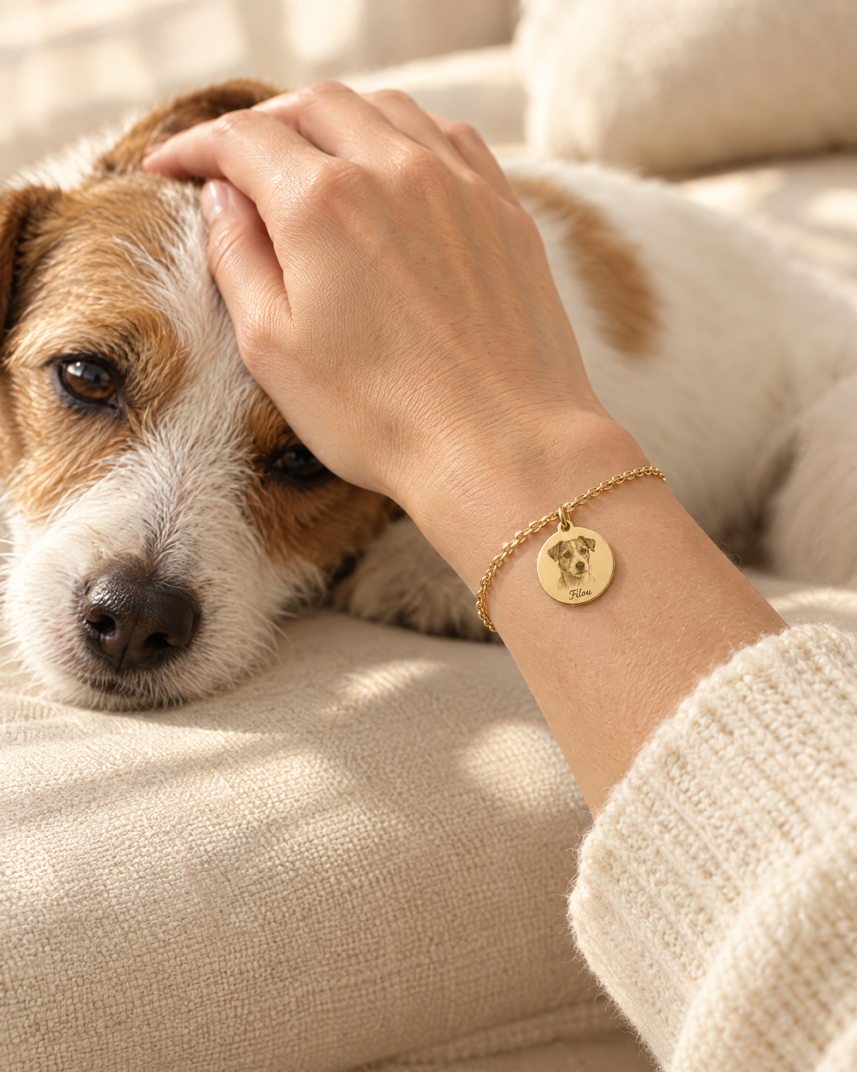 Bracelet Portrait porté, la main posée sur le chien