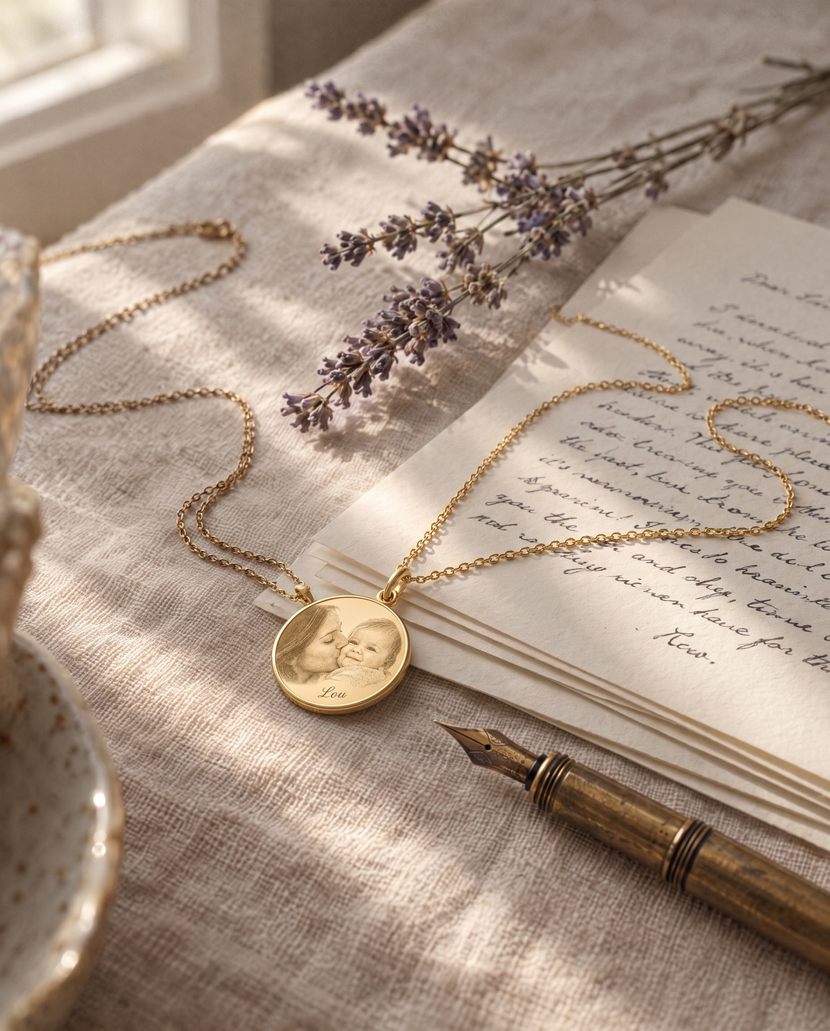 Médaille gravée d’une photo posée sur des lettres manuscrites
